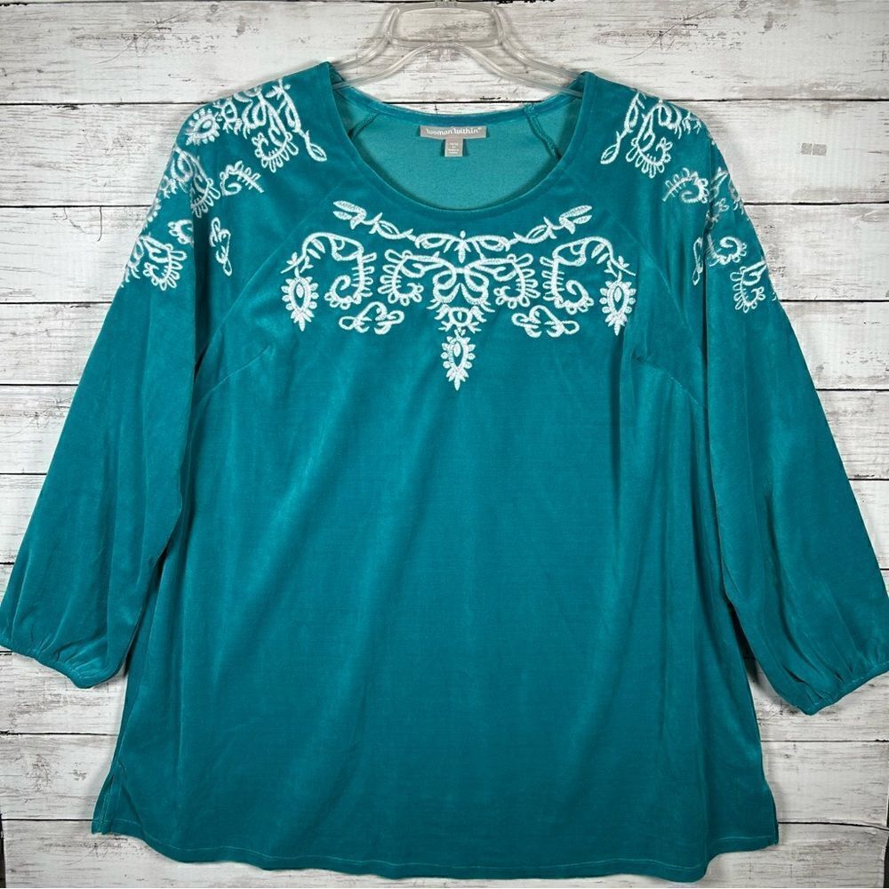 Woman Within Plus Size 14/16 M Turquoise Velour Embroidered A-line Tunic Top
